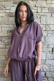 Basso Button Drape Cap Sleeve Shirt Deep Damson